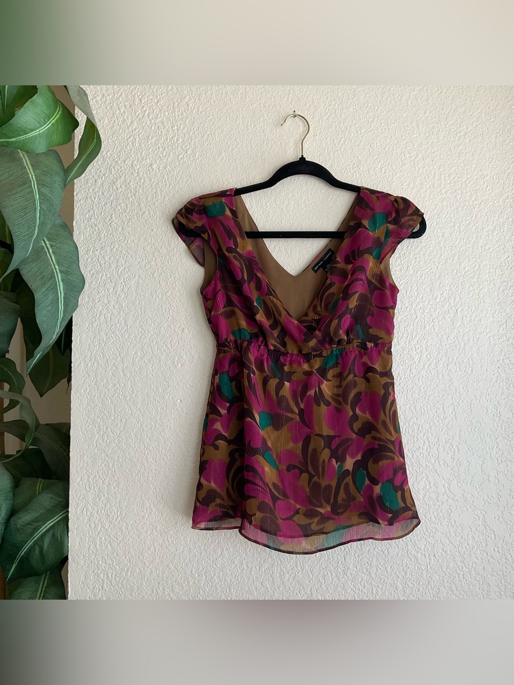 New York & Company pink and brown floral sheer blouse with V-neckline